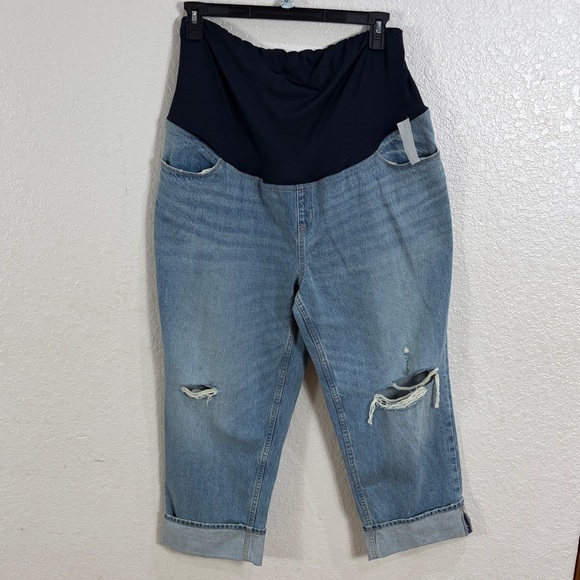 Isabel Maternity by Ingrid & Isabel Denim - Isabel Vintage Maternity Distressed Blue Denim Capri Jeans with Panel,Size 16.